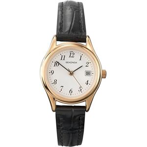 Sekonda Womens 27mm Robinson Analogue 3 Hand Classic Quartz Watch Gold Case with White Dial Date Window and Black Leather Strap 30m Water Resistant Sekonda Womens 27mm Robinson Analogue 3 Hand Classic Quartz Watch Gold Case with White Dial Date Window and Black Leather Strap 30m Water Resistant