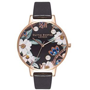 Olivia Burton Analogue Quartz Watch for Women Bejewelled Florals Collection with Black Leather Strap OB16BF04 Olivia Burton Analogue Quartz Watch for Women Bejewelled Florals Collection with Black Leather Strap OB16BF04