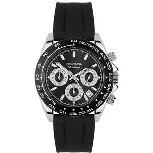 Sekonda Classic Circuit Men's 43mm Chronograph Watch in Black with Analogue Date Display, and Black Silicone Strap 30199 Sekonda Classic Circuit Men's 43mm Chronograph Watch in Black with Analogue Date Display, and Black Silicone Strap 30199