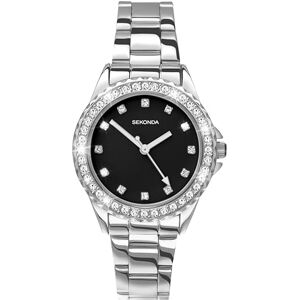 Sekonda Elizabeth Silver Bracelet Black Dial Women's Quartz Watch 33mm with Stone Set Case, Analogue Display and Stainless Steel Bracelet Sekonda Elizabeth Silver Bracelet Black Dial Women's Quartz Watch 33mm with Stone Set Case, Analogue Display and Stainless Steel Bracelet