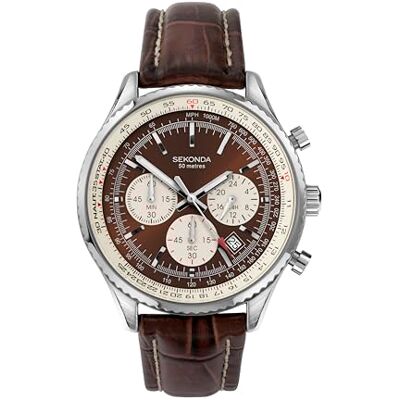 Sekonda Maverick Mens Analogue Watch 43mm Silver Leather Strap Sekonda Maverick Mens Analogue Watch 43mm Silver Leather Strap