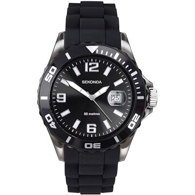 Sekonda Mens 44 mm Black Analogue Watch Magnified Date Bubble and Silicone Strap Water Resistant 50 m Sekonda Mens 44 mm Black Analogue Watch Magnified Date Bubble and Silicone Strap Water Resistant 50 m