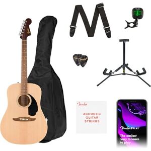 Fender California Debut Redondo Drednought Acoustic Guitar Pack in Natural. Includes a gig bag, a strap, picks, a guitar stand, clip-on tuner, Play and an extra set of strings. Fender California Debut Redondo Drednought Acoustic Guitar Pack in Natural. Includes a gig bag, a strap, picks, a guitar stand, clip-on tuner, Play and an extra set of strings.