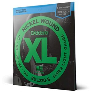 D'Addario Bass Guitar Strings XL Nickel EXL220-5 Perfect Intonation, Consistent Feel, Powerful Durability 5 String Set 40-125 Super Light 5-String, Long Scale D'Addario Bass Guitar Strings XL Nickel EXL220-5 Perfect Intonation, Consistent Feel, Powerful Durability 5 String Set 40-125 Super Light 5-String, Long Scale