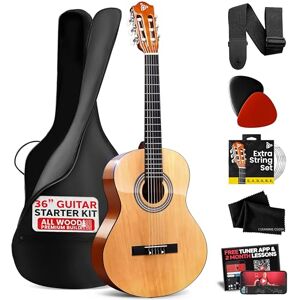 Pyle Classical Acoustic Guitar 91cm -3/4 Junior Size 6 Linden Wood Guitar w/Gig Bag, Tuner, Nylon Strings, Picks, Strap, for Beginners, Adults, Right, Natural Color Pyle Classical Acoustic Guitar 91cm -3/4 Junior Size 6 Linden Wood Guitar w/Gig Bag, Tuner, Nylon Strings, Picks, Strap, for Beginners, Adults, Right, Natural Color