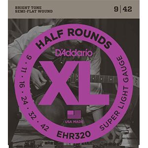 D'Addario Guitar Strings XL Half Rounds Electric Guitar Strings Semi-Flat Wound Bright Tone, Smooth Feel, Reduced Finger Noise EHR320 Super Light, 9-42 D'Addario Guitar Strings XL Half Rounds Electric Guitar Strings Semi-Flat Wound Bright Tone, Smooth Feel, Reduced Finger Noise EHR320 Super Light, 9-42