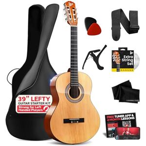Pyle Left Handed Acoustic Guitar, Full Size 99 cm Nylon String, Classical with Capo Strap, Extra Strings, and Gig Bag for Beginners Adults Youth Kids Natural Gloss Pyle Left Handed Acoustic Guitar, Full Size 99 cm Nylon String, Classical with Capo Strap, Extra Strings, and Gig Bag for Beginners Adults Youth Kids Natural Gloss