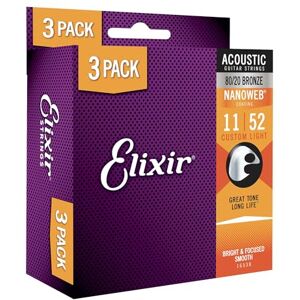 Elixir Strings, Acoustic Guitar Strings, 80/20 Bronze with NANOWEB Coating, Longest-Lasting Bright and Focused Tone with Comfortable Feel, 3 Pack, Custom Light 11-52 Elixir Strings, Acoustic Guitar Strings, 80/20 Bronze with NANOWEB Coating, Longest-Lasting Bright and Focused Tone with Comfortable Feel, 3 Pack, Custom Light 11-52
