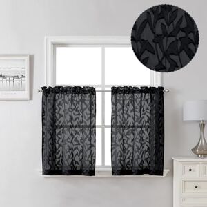 Lecloud Leia Black Valances Sheer Cafe Curtains 24 Inch Length 2 Pieces, Jacquard Textured Leaf Voile Kitchen Curtain Tiers with Dual Rod Pockets, Clip Farmhouse Bedroom Living Room Valance, 38W x 24L Lecloud Leia Black Valances Sheer Cafe Curtains 24 Inch Length 2 Pieces, Jacquard Textured Leaf Voile Kitchen Curtain Tiers with Dual Rod Pockets, Clip Farmhouse Bedroom Living Room Valance, 38W x 24L