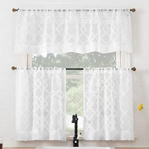 No. 918 Tina Geometric Clipped Semi-Sheer Rod Pocket Kitchen Curtain Valance and Tiers Set, 54" x 24", White No. 918 Tina Geometric Clipped Semi-Sheer Rod Pocket Kitchen Curtain Valance and Tiers Set, 54" x 24", White