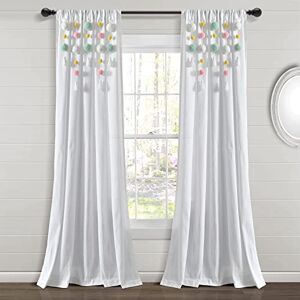 Lush Decor Boho Pom Pom Tassel Linen Window Curtain Panel (Single Panel), 84" L x 52" W, Aqua & Pin Lush Decor Boho Pom Pom Tassel Linen Window Curtain Panel (Single Panel), 84" L x 52" W, Aqua & Pin