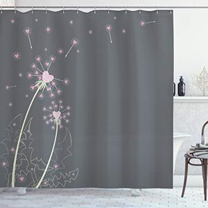 ABAKUHAUS Pink and Grey Shower Curtain, Dandelion Flowers with Hearts Pastel Love Celebration Anniversary, Cloth Fabric Bathroom Decor Set with Hooks, 70 Inches, Pink Grey Pale Green