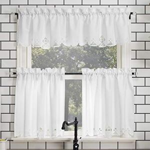 No. 918 Mariela Floral Trim Semi-Sheer Rod Pocket Kitchen Curtain Valance and Tiers Set, 58" x 24", White No. 918 Mariela Floral Trim Semi-Sheer Rod Pocket Kitchen Curtain Valance and Tiers Set, 58" x 24", White
