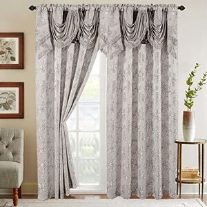 Elegant Comfort Jacquard Look Curtain Panel Set with Attached Waterfall Valance, (Set of 2), 54 x 84 Inches, Leaf Pattern, Silver Elegant Comfort Jacquard Look Curtain Panel Set with Attached Waterfall Valance, (Set of 2), 54 x 84 Inches, Leaf Pattern, Silver