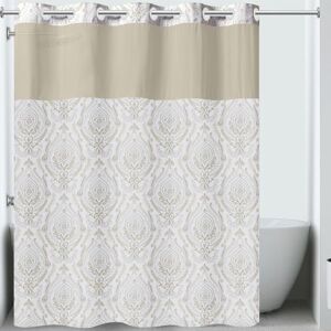 Hookless It's A Snap! French Damask Shower Curtain, 3-in-1 Shower Curtain Includes Fabric Shower Curtain with Sheer Top Window, Flex-On Rings & Fabric Liner, 71" x 74", Khaki Hookless It's A Snap! French Damask Shower Curtain, 3-in-1 Shower Curtain Includes Fabric Shower Curtain with Sheer Top Window, Flex-On Rings & Fabric Liner, 71" x 74", Khaki