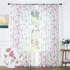 Tollpiz Sheer Floral Curtain Pink Flower Butterfly Printed Living Room Curtains Rod Pocket Voile Faux Linen Window Curtain for Bedroom, 54 x 95 inches Long, Set of 2 Panels Tollpiz Sheer Floral Curtain Pink Flower Butterfly Printed Living Room Curtains Rod Pocket Voile Faux Linen Window Curtain for Bedroom, 54 x 95 inches Long, Set of 2 Panels