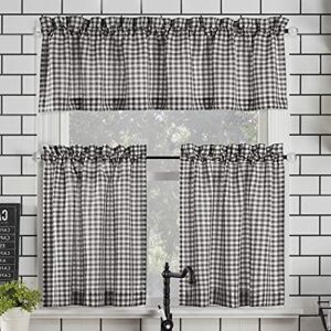 No. 918 Parkham Farmhouse Plaid Semi-Sheer Rod Pocket Kitchen Curtain Valance and Tiers Set, 54" x 24" 3-Piece, Black/White No. 918 Parkham Farmhouse Plaid Semi-Sheer Rod Pocket Kitchen Curtain Valance and Tiers Set, 54" x 24" 3-Piece, Black/White