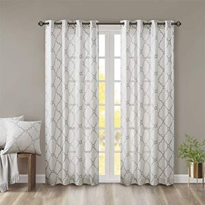 Madison Park Saratoga Single Window Curtain Light Filtering Fretwork Print 1 Panel Grommet Top Drape for Living Room Bedroom and Dorm, 50x63, Ivory/Grey Madison Park Saratoga Single Window Curtain Light Filtering Fretwork Print 1 Panel Grommet Top Drape for Living Room Bedroom and Dorm, 50x63, Ivory/Grey