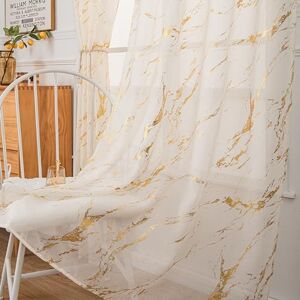 Lavyhuno Gold Sheer Curtains 96 inch Length 2 Panels Set, Rod Pocket Drapes for Bedroom Living Room Xmas Decor, Metallic Gold Foil Marble Print Window Treatment Privacy Pair, 52" W x 96" L,Ivory Lavyhuno Gold Sheer Curtains 96 inch Length 2 Panels Set, Rod Pocket Drapes for Bedroom Living Room Xmas Decor, Metallic Gold Foil Marble Print Window Treatment Privacy Pair, 52" W x 96" L,Ivory