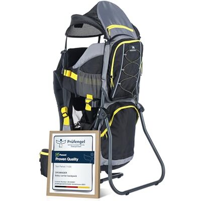 DROMADER Baby Carrier Backpack Toddler Hiking Carrier with Sun Canopy Aluminium frame · 3D Opti-Fit carrying system · Sun canopy, rain cover & changing mat · Up to 22 kg · Black and Yellow DROMADER Baby Carrier Backpack Toddler Hiking Carrier with Sun Canopy Aluminium frame · 3D Opti-Fit carrying system · Sun canopy, rain cover & changing mat · Up to 22 kg · Black and Yellow