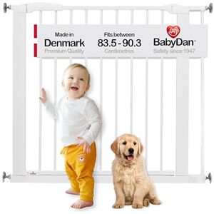 BabyDan Perfect Close, Pressure Fit Stair Gate, 77.3-90.3 cm, Baby Gate/Safety Gate, White, Made in Denmark (Pet Gate/Dog gate) BabyDan Perfect Close, Pressure Fit Stair Gate, 77.3-90.3 cm, Baby Gate/Safety Gate, White, Made in Denmark (Pet Gate/Dog gate)