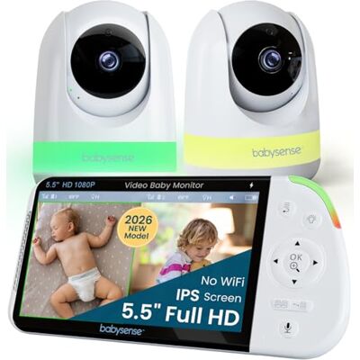 Babysense Full HD Split-Screen Baby Monitor with 2 PTZ Cameras, Two-Way Talk, 6-Color Night Light, 5000mAh Battery, Long Range, 4x Zoom, and Crystal-Clear Audio Babysense Full HD Split-Screen Baby Monitor with 2 PTZ Cameras, Two-Way Talk, 6-Color Night Light, 5000mAh Battery, Long Range, 4x Zoom, and Crystal-Clear Audio