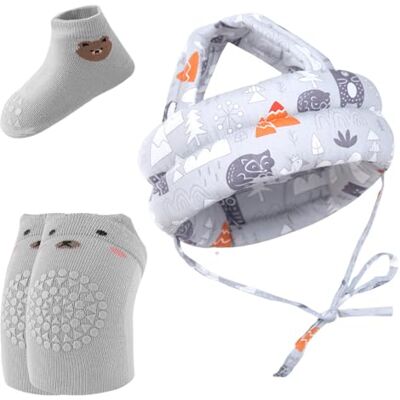 Culinavog Baby Safety Helmet Set -Head Protector with Anti-Slip Knee Pads & Grip Socks for Infant,Adjustable Safety Helmet for Toddlers Learning to Crawl & Walk Grey Culinavog Baby Safety Helmet Set -Head Protector with Anti-Slip Knee Pads & Grip Socks for Infant,Adjustable Safety Helmet for Toddlers Learning to Crawl & Walk Grey