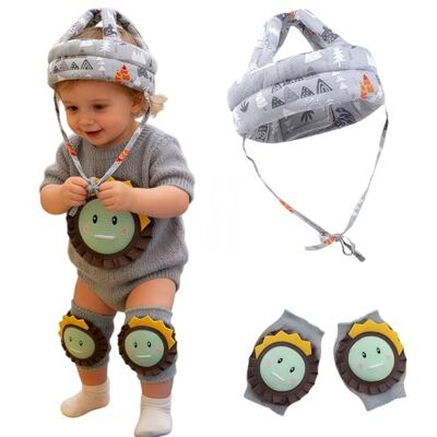HUANYO Baby Head Protector with Grey Forest Print & Dinosaur Knee Pads Set – Adjustable, Breathable Anti-Fall Safety Helmet for Toddlers 5-36 Months, Ideal for Learning to Walk Unisex (Grey) HUANYO Baby Head Protector with Grey Forest Print & Dinosaur Knee Pads Set – Adjustable, Breathable Anti-Fall Safety Helmet for Toddlers 5-36 Months, Ideal for Learning to Walk Unisex (Grey)