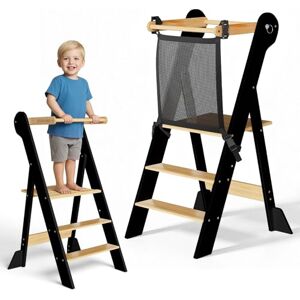COSYLAND Height Adjustable Toddler Standing Tower with Protective Mesh Space Saving Wooden Kitchen Stool Helper for Learning and Cooking Portable Toddler Ladder for Kitchen (Black & Natural) COSYLAND Height Adjustable Toddler Standing Tower with Protective Mesh Space Saving Wooden Kitchen Stool Helper for Learning and Cooking Portable Toddler Ladder for Kitchen (Black & Natural)
