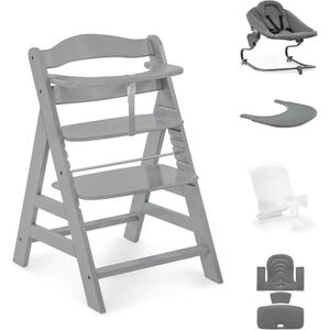 hauck Alpha+ Premium Bundle, Beech Grey Wooden High Chair from Birth to 99 Years Grow Along Highchair with Reclining Newborn Bouncer, Baby Seat Reducer, Seat Pad and Click On Tray hauck Alpha+ Premium Bundle, Beech Grey Wooden High Chair from Birth to 99 Years Grow Along Highchair with Reclining Newborn Bouncer, Baby Seat Reducer, Seat Pad and Click On Tray