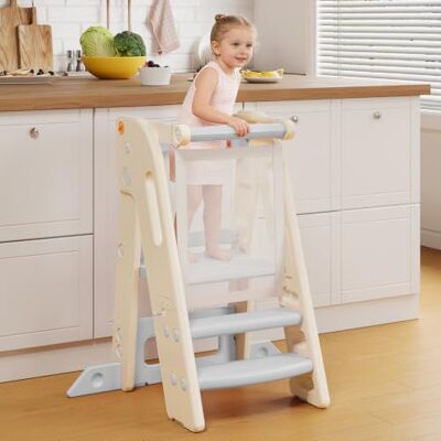 Onasti Toddler Learning Tower, Foldable Toddler Tower with Safety Bar, 3 Step Adjustable Height, Kitchen Step Stool for Kids with Handles, Non-slip, for Kitchen Counter Bathroom Sink(Grey+white) Onasti Toddler Learning Tower, Foldable Toddler Tower with Safety Bar, 3 Step Adjustable Height, Kitchen Step Stool for Kids with Handles, Non-slip, for Kitchen Counter Bathroom Sink(Grey+white)