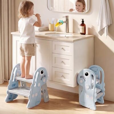 Ezebaby Toddler Step Stool, Adjustable 2 Step to 1 step, Foldable, Blue Kids Step Stool with Wider Pedal, Smooth Handles, Height adjustable whit safety lock, for Bathroom, Sink, Kitchen Ezebaby Toddler Step Stool, Adjustable 2 Step to 1 step, Foldable, Blue Kids Step Stool with Wider Pedal, Smooth Handles, Height adjustable whit safety lock, for Bathroom, Sink, Kitchen