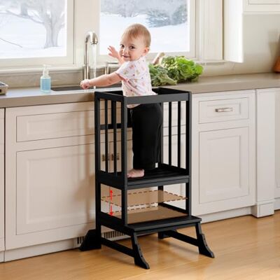 COSYLAND Height-Adjustable Toddler Standing Tower – Stable Kitchen Standing Stool with Reinforced Base – Lightweight Portable Standing Helper for Kitchen and Home Use (Black) COSYLAND Height-Adjustable Toddler Standing Tower – Stable Kitchen Standing Stool with Reinforced Base – Lightweight Portable Standing Helper for Kitchen and Home Use (Black)