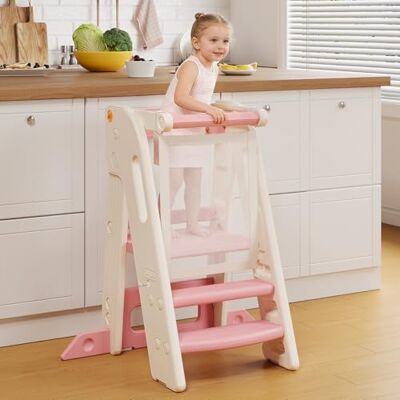Onasti Toddler Learning Tower, Foldable Toddler Tower with Safety Bar, 3 Step Adjustable Height, Kitchen Step Stool for Kids with Handles, Non-slip, for Kitchen Counter Bathroom Sink (Pink White) Onasti Toddler Learning Tower, Foldable Toddler Tower with Safety Bar, 3 Step Adjustable Height, Kitchen Step Stool for Kids with Handles, Non-slip, for Kitchen Counter Bathroom Sink (Pink White)