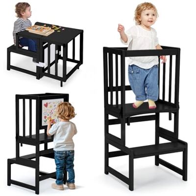 COSYLAND Convertible Toddler Standing Tower with Whiteboard – 3-In-1 Kitchen Step Stool for Kids – Children's Bathroom Kitchen Counter Helper Tower Learning Stool (Black) COSYLAND Convertible Toddler Standing Tower with Whiteboard – 3-In-1 Kitchen Step Stool for Kids – Children's Bathroom Kitchen Counter Helper Tower Learning Stool (Black)