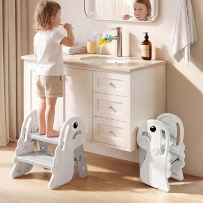 Ezebaby Toddler Step Stool, Adjustable 2 Step to 1 step, Foldable, Grey Kids Step Stool with Wider Pedal, Smooth Handles, Height adjustable whit safety lock, for Bathroom, Sink, Kitchen Ezebaby Toddler Step Stool, Adjustable 2 Step to 1 step, Foldable, Grey Kids Step Stool with Wider Pedal, Smooth Handles, Height adjustable whit safety lock, for Bathroom, Sink, Kitchen