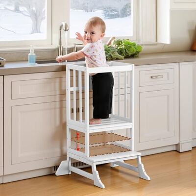 COSYLAND Toddler Step Stool Height Adjustable Toddler Standing Tower for Kitchen Counter and Bathroom Sink Kids Kitchen Stool Helper with 4 Stabilizing Blocks (White) COSYLAND Toddler Step Stool Height Adjustable Toddler Standing Tower for Kitchen Counter and Bathroom Sink Kids Kitchen Stool Helper with 4 Stabilizing Blocks (White)