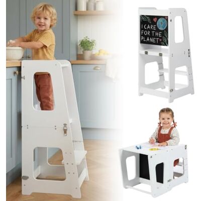 KYWAI Toddler Tower 3 in 1 Montessori, Convertible to Table and Chair 90 cm to reach the worktop (not 80 like others), step adjustable to 3 heights, chalkboard included, anti-tip, from 1 year KYWAI Toddler Tower 3 in 1 Montessori, Convertible to Table and Chair 90 cm to reach the worktop (not 80 like others), step adjustable to 3 heights, chalkboard included, anti-tip, from 1 year