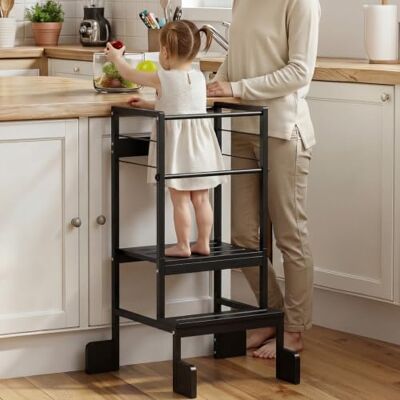 COSYLAND Adjustable Height Kids Kitchen Standing Stool, Toddler Learning Step Stool with Safety Bar and Four Support Corners, Safe Helper Tower for Ages 18 Months-6 Years (Black) COSYLAND Adjustable Height Kids Kitchen Standing Stool, Toddler Learning Step Stool with Safety Bar and Four Support Corners, Safe Helper Tower for Ages 18 Months-6 Years (Black)