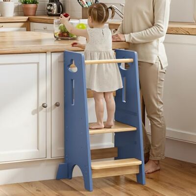 COSYLAND Height Adjustable Toddler Standing Tower Super Stable Toddler Kitchen Stool Helper 3 Levels Wooden Kids Learning Stool for Kitchen Toliet (Navy Blue & Natural,Large) COSYLAND Height Adjustable Toddler Standing Tower Super Stable Toddler Kitchen Stool Helper 3 Levels Wooden Kids Learning Stool for Kitchen Toliet (Navy Blue & Natural,Large)