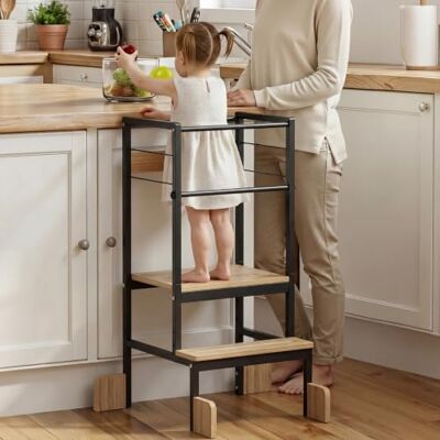 COSYLAND Adjustable Height Kids Kitchen Standing Stool, Toddler Learning Step Stool with Safety Bar and Four Support Corners, Safe Helper Tower for Ages 18 Months-6 Years (Black & Natural) COSYLAND Adjustable Height Kids Kitchen Standing Stool, Toddler Learning Step Stool with Safety Bar and Four Support Corners, Safe Helper Tower for Ages 18 Months-6 Years (Black & Natural)