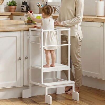 COSYLAND Adjustable Height Kids Kitchen Standing Stool, Toddler Learning Step Stool with Safety Bar and Four Support Corners, Safe Helper Tower for Ages 18 Months-6 Years (White) COSYLAND Adjustable Height Kids Kitchen Standing Stool, Toddler Learning Step Stool with Safety Bar and Four Support Corners, Safe Helper Tower for Ages 18 Months-6 Years (White)