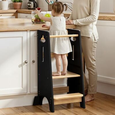 COSYLAND Height Adjustable Toddler Standing Tower Super Stable Toddler Kitchen Stool Helper 3 Levels Wooden Kids Learning Stool for Kitchen Toliet (Black & Natural,Large) COSYLAND Height Adjustable Toddler Standing Tower Super Stable Toddler Kitchen Stool Helper 3 Levels Wooden Kids Learning Stool for Kitchen Toliet (Black & Natural,Large)