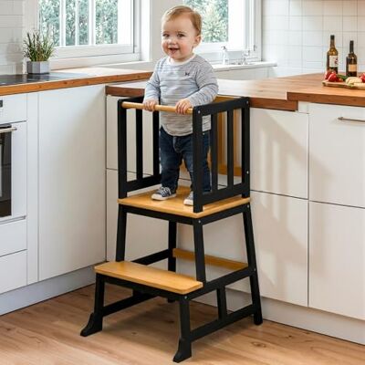 COSYLAND Toddler Standing Tower for Kitchen Wooden Nursery Step Stool for Kids Solid Learning Stool Kitchen Counter Helper Step Stool for Kids (Black&Natural) COSYLAND Toddler Standing Tower for Kitchen Wooden Nursery Step Stool for Kids Solid Learning Stool Kitchen Counter Helper Step Stool for Kids (Black&Natural)