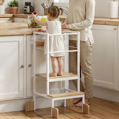 COSYLAND Adjustable Height Kids Kitchen Standing Stool, Toddler Learning Step Stool with Safety Bar and Four Support Corners, Safe Helper Tower for Ages 18 Months-6 Years (White & Natural) COSYLAND Adjustable Height Kids Kitchen Standing Stool, Toddler Learning Step Stool with Safety Bar and Four Support Corners, Safe Helper Tower for Ages 18 Months-6 Years (White & Natural)