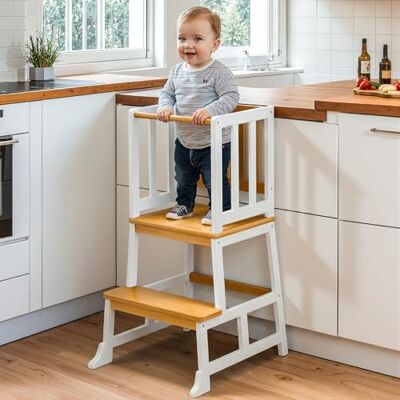 COSYLAND Toddler Kitchen Standing Tower – Height Kids learning helper Tower with Safety Railing, Compact Anti-Drop Step Stool Design for 1.5-3 Year Olds (White Natural) COSYLAND Toddler Kitchen Standing Tower – Height Kids learning helper Tower with Safety Railing, Compact Anti-Drop Step Stool Design for 1.5-3 Year Olds (White Natural)