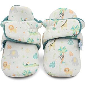 Dotty Fish Cotton Baby Booties with Barefoot Suede Sole Warm Fleece Lining – Non-Slip, Stay On Slippers. Teal fleece with Safari Animals. 0-6 months Dotty Fish Cotton Baby Booties with Barefoot Suede Sole Warm Fleece Lining – Non-Slip, Stay On Slippers. Teal fleece with Safari Animals. 0-6 months