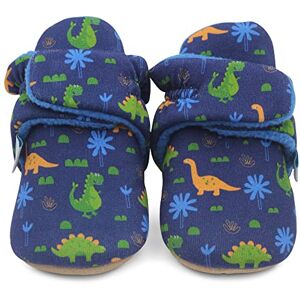 Dotty Fish Cotton Baby Booties with Barefoot Suede Sole Warm Fleece Lining – Non-Slip, Stay On Slippers. Navy Blue with Dinosaurs. 6-12 months Dotty Fish Cotton Baby Booties with Barefoot Suede Sole Warm Fleece Lining – Non-Slip, Stay On Slippers. Navy Blue with Dinosaurs. 6-12 months