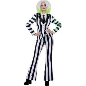 Smiffys Beetlejuice Women's Adult Costume with Jacket Trousers and Tie Black and White Stripes with Writing Down Sleeve Officially Licensed Warner Brothers Halloween Costume, Small Smiffys Beetlejuice Women's Adult Costume with Jacket Trousers and Tie Black and White Stripes with Writing Down Sleeve Officially Licensed Warner Brothers Halloween Costume, Small