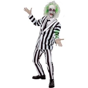 Smiffys Beetlejuice Adult Costume with Shirt Dress Collar Mock Tie and Cuffs Black and White Stripes Purple Zip Up Front Official Warner Brothers Licensed Halloween Costume, Medium Smiffys Beetlejuice Adult Costume with Shirt Dress Collar Mock Tie and Cuffs Black and White Stripes Purple Zip Up Front Official Warner Brothers Licensed Halloween Costume, Medium